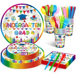 175 PCS رياض الأطفال المائدة مجموعة الأدوات المائدة لوازم الحفلات - يخدم 25 ، ألواح رياض الأطفال الملونة ، لوحات متاح ، أكواب ، مناديل ، شوكات ، ملاعق ، سكاكين للأطفال تخرج من مدرسة التخرج المدرسي للأطفال