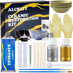 Kintsugi Repair Kit Gold & Sliver, 18 Pcs Ceramic Repair Kit, Repair Your Meaningful Porcelain with Ease, Safe Bio Resin, Perfect for Beginners, Dishwasher
