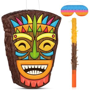 Threan Small Tiki Tropical Hawaii Piñata مع BAT معصوب العينين Luau Piñata من أجل Hawaiian Luau تحت عنوان الحفلات الحفلات الصيف لوازم حفلات عيد ميلاد ، 15.7 × 3.1 × 12.2 بوصة