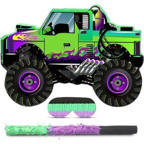 Threan Monster Truck Party Decorations Green and Purple Monster Truck Piñata Racing Car Piñata Game with Stick Enblfold for البالغين اللوازم ديكور حفل عيد ميلاد بارد