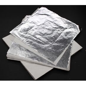 Jinruisi 200 Sheets 14x14cm ، 5.5 "× 5.5" ورقة فضية مقلدة للفنون ، وصياغة التذهيب ، والرسم ، وزينة الأثاث ، وألواح رقائق الألومنيوم ، وورقة فضفاضة متشابكة
