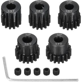 5Pcs 32P Steel Pinion Gear Set 13T 14T 15T 16T 17T for 5mm Shaft Hardened Steel Pinion Gear with Screws and Hexagonal Wrench for RC Motor