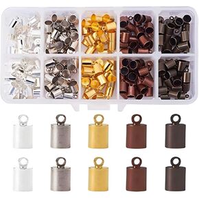 200 PCS CORL CORL CAPS مجموعة ، برونز برونزي فضي للذهبية التشطيبات ، نصائح الحبل تجعيد لصنع المجوهرات DIY ، حرفة جلدية ، مشاريع الرباط ، مربع تخزين الأحجام المتنوعة