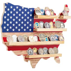 Marsui American Flag Military Challenge Coin Holder Display Double Slot Wooden Challenge Coin Stand Rack Wall Mount Double Slot Hold 30, Memory Day 4th of July Gift for Police Veteran Patriotic Decor