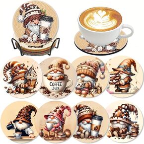 8 Pcs Coffee Gnome Diamond Art Coasters Kit - DIY 5D Small Diamond Painting Coasters with Holder, Diamond Art Kits for Adults Coasters, Arts and Crafts for Adults