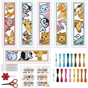 ORIGACH 6 Set Animals Cross Stitch Bookmark Kit for Beginner with Backing Felt Floss Instructions DIY Stamped Embroidery Bookmark Kit for Adults, Book Lovers