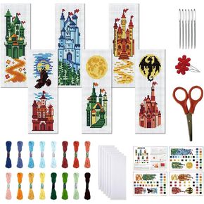 FREEBLOSS 6 Set Cross Stitch Bookmark Kit Cross Stitch Kit Castle Stamped Embroidery Bookmark with Instruction Cross Stitch Kits for Adults DIY Bookmark Kit 8.66''x3.15''