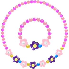 Flower Jewelry Set, Cute Flower Beads Necklace Bracelet, 2 Piece Dress up Gift Accessories Stretchy Chunky Costume Jewelry Present, Play Accessories
