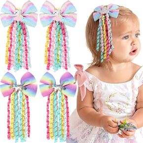 4PCS Unicorn Hair Bows for Girls Curly Grosgrain Ribbon Hair Bows Clips Girls Hair Accessories for Toddlers Infant Kids Children