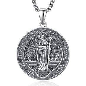 PRAYMOS St Benedict Pendant Necklace for Men Women, 925 Sterling Silver Round Antiqued Religious Protector Talisman Jewelry with Stainless Steel Chain