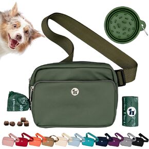 حقيبة 3-in-1 Crossbody و Dog Treat Pouch للتدريب على الحيوانات الأليفة-أكياس أنبوب قابلة للتسميد ، وموزع حقيبة أنبوب مدمجة وبطء في سفر الكلاب-حقيبة المشي الكلاب (باسيل أخضر)