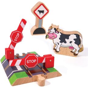 Wooden Railroad Crossing - 3 Piece Set: Rail Road Signal Gate, Wooden Sign, Cow - Compatible with All Major Train Brands - Railroad Toy Train Track Accessories - Zany Trains - Train Track