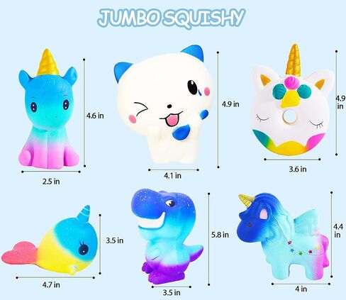 Squishies, 6 Pack Slow Rising Jumbo Squishy Toys for Kids, Unicorn Horse, Cat, Dinosaur, Shark, Donut Animals Squishies, Sensory Fidget Toys Set for Kids Party Favors Stress Relief Toys in Saudi Arabia