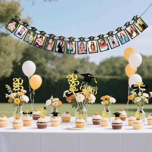 High School Graduation Decorations 2025, 9.8FT Pre-Assembled Photo Banner with Real Tassels, Glitter Grad Party Decorations for Seniors (PK-12th) - Class of 2025 Banner with 14 Pockets 4x6 Photos in Kuwait