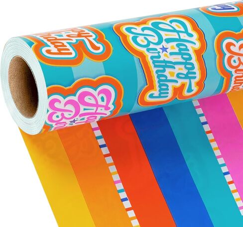 LaRibbons Birthday Reversible Wrapping Paper Mini Roll, Happy Birthday Text and Colorful Stripes, Perfect for Parties and Holiday Gifts, 17" x 33' (46.7 sq. ft) in Saudi Arabia