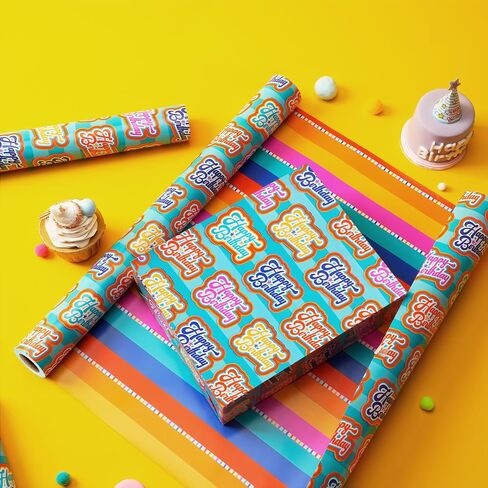 LaRibbons Birthday Reversible Wrapping Paper Mini Roll, Happy Birthday Text and Colorful Stripes, Perfect for Parties and Holiday Gifts, 17" x 33' (46.7 sq. ft) in Saudi Arabia
