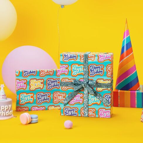 LaRibbons Birthday Reversible Wrapping Paper Mini Roll, Happy Birthday Text and Colorful Stripes, Perfect for Parties and Holiday Gifts, 17" x 33' (46.7 sq. ft) in Saudi Arabia