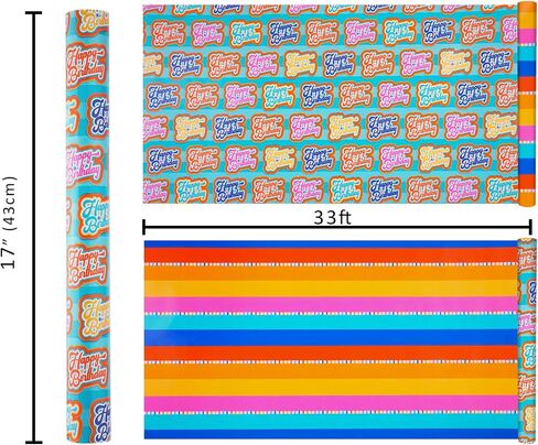 LaRibbons Birthday Reversible Wrapping Paper Mini Roll, Happy Birthday Text and Colorful Stripes, Perfect for Parties and Holiday Gifts, 17" x 33' (46.7 sq. ft) in Saudi Arabia