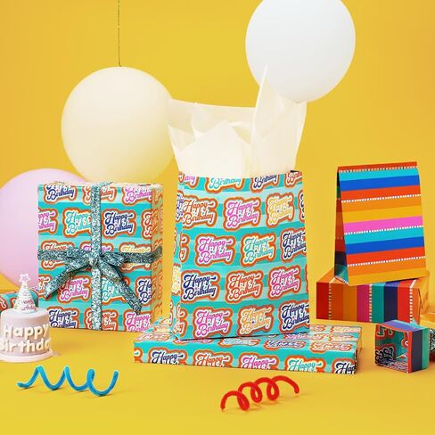 LaRibbons Birthday Reversible Wrapping Paper Mini Roll, Happy Birthday Text and Colorful Stripes, Perfect for Parties and Holiday Gifts, 17" x 33' (46.7 sq. ft) in Saudi Arabia