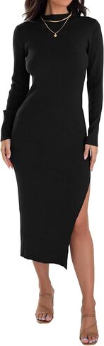 ZESICA Women's 2025 Ribbed Knit Dress Long Sleeve Mock Neck Slim Fit Side Slit Spring Elegant Sweater Dresses in Saudi Arabia