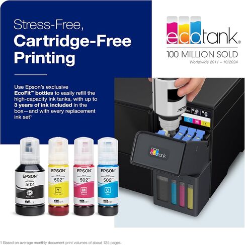 Epson Ecotank ET-2980 Wireless All-In-One Color Supertank Printer مع ما يصل إلى 3 سنوات من الحبر ، والدبابات القابلة لإعادة التعبئة ، مثالية للمنزل ، 15 جزء في المليون ، شاشة ملونة 1.44 بوصة ، طباعة تلقائية من الجوانب-أسود in Kuwait