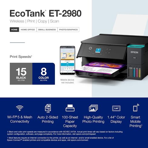 Epson Ecotank ET-2980 Wireless All-In-One Color Supertank Printer مع ما يصل إلى 3 سنوات من الحبر ، والدبابات القابلة لإعادة التعبئة ، مثالية للمنزل ، 15 جزء في المليون ، شاشة ملونة 1.44 بوصة ، طباعة تلقائية من الجوانب-أسود in Kuwait