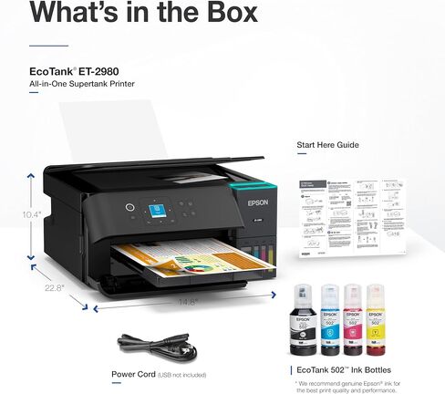 Epson Ecotank ET-2980 Wireless All-In-One Color Supertank Printer مع ما يصل إلى 3 سنوات من الحبر ، والدبابات القابلة لإعادة التعبئة ، مثالية للمنزل ، 15 جزء في المليون ، شاشة ملونة 1.44 بوصة ، طباعة تلقائية من الجوانب-أسود in Kuwait