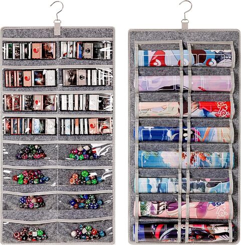 Dual Sided TCG&MTG Playmat Organizer, Dust Proof Storage Case For Dices and Cards, Game Accessories Holder with 24 Clear Slots & Metal Hook, Designed for Standard MTG/TCG Playmats (14" x 24") (Black) in Saudi Arabia