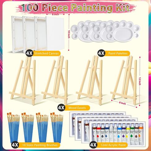 Acrylic Paint Set 100 Pcs Acrylic Painting Kit with 4 * 12 Colors Paint,4 Sets Easel for Painting,Canvas,Palettes&40 Brushes,Sip and Paint Kit for Adults Couples,Kids,Artists and Beginner in Saudi Arabia