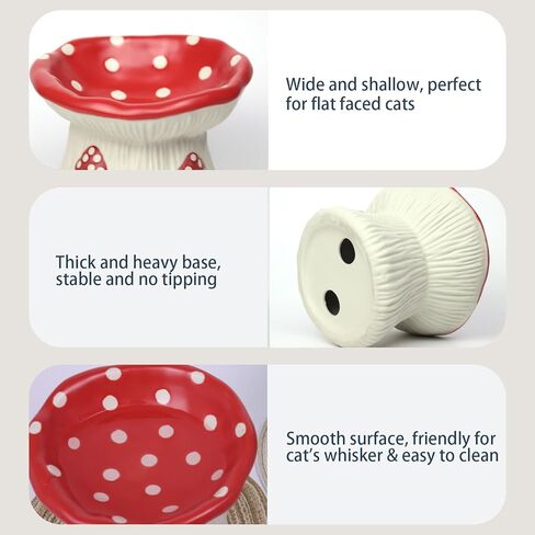 Ceramic Cat Bowl, Cute Red Mushroom Elevated Cat Food Dish, Shallow Raised Feeder, Anti Vomiting, Stress Free, Whisker Fatigue in Kuwait