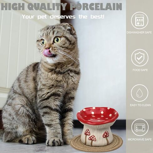 Ceramic Cat Bowl, Cute Red Mushroom Elevated Cat Food Dish, Shallow Raised Feeder, Anti Vomiting, Stress Free, Whisker Fatigue in Kuwait