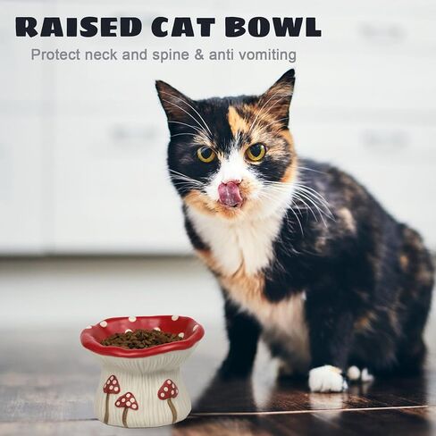 Ceramic Cat Bowl, Cute Red Mushroom Elevated Cat Food Dish, Shallow Raised Feeder, Anti Vomiting, Stress Free, Whisker Fatigue in Kuwait