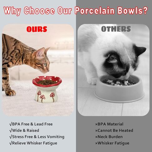 Ceramic Cat Bowl, Cute Red Mushroom Elevated Cat Food Dish, Shallow Raised Feeder, Anti Vomiting, Stress Free, Whisker Fatigue in Kuwait