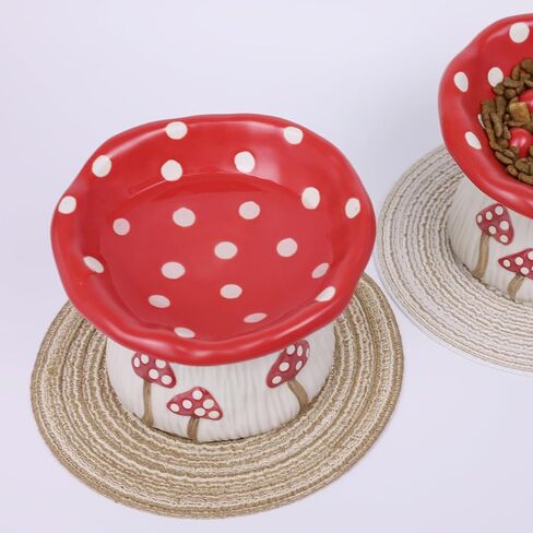 Ceramic Cat Bowl, Cute Red Mushroom Elevated Cat Food Dish, Shallow Raised Feeder, Anti Vomiting, Stress Free, Whisker Fatigue in Kuwait