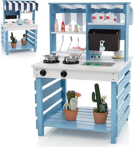 HONEY JOY Mud Kitchen, 2 in 1 Outdoor Play Kitchen for Toddlers & Grocery Store Pretend Play, Water Tank & Sink, Fabric Canopy, Double Side Fir Wood Mud Table for Kids Outdoors in Kuwait