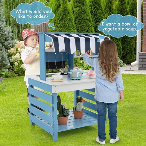 HONEY JOY Mud Kitchen, 2 in 1 Outdoor Play Kitchen for Toddlers & Grocery Store Pretend Play, Water Tank & Sink, Fabric Canopy, Double Side Fir Wood Mud Table for Kids Outdoors in Kuwait