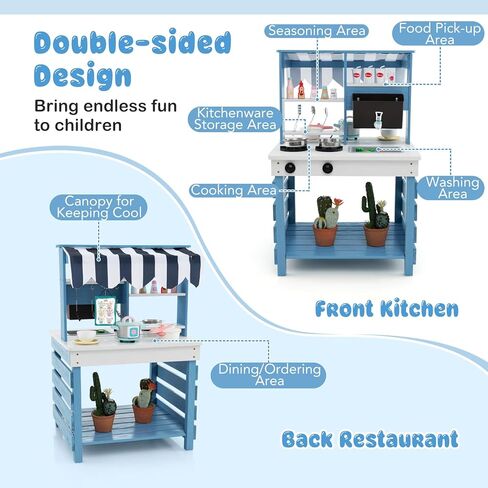 HONEY JOY Mud Kitchen, 2 in 1 Outdoor Play Kitchen for Toddlers & Grocery Store Pretend Play, Water Tank & Sink, Fabric Canopy, Double Side Fir Wood Mud Table for Kids Outdoors in Kuwait