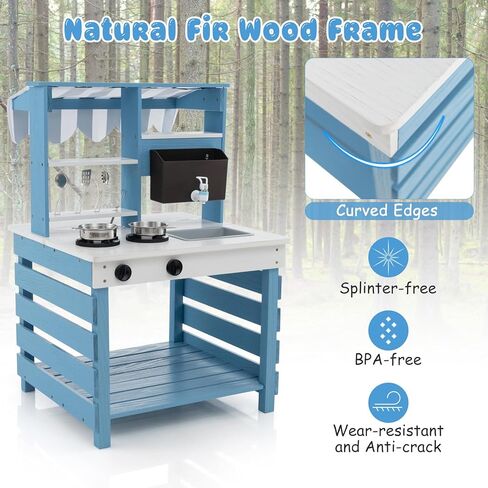 HONEY JOY Mud Kitchen, 2 in 1 Outdoor Play Kitchen for Toddlers & Grocery Store Pretend Play, Water Tank & Sink, Fabric Canopy, Double Side Fir Wood Mud Table for Kids Outdoors in Kuwait