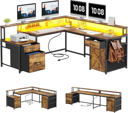 YITAHOME L Shaped Desk, 63" Reversible Computer Desk with 3 Drawers & Power Outlets, Corner Desk with LED Lights & Storage Cabinet, Long Home Office Desk, Rustic Brown in Saudi Arabia