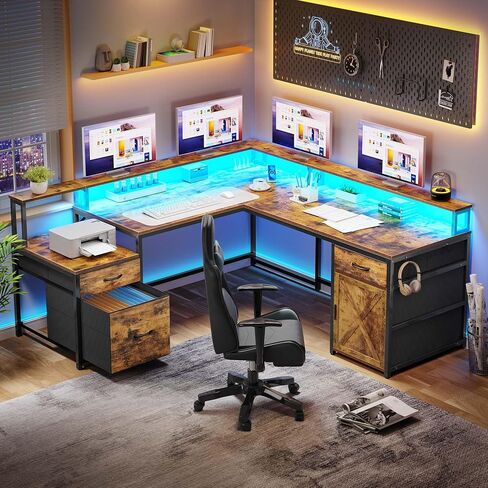 YITAHOME L Shaped Desk, 63" Reversible Computer Desk with 3 Drawers & Power Outlets, Corner Desk with LED Lights & Storage Cabinet, Long Home Office Desk, Rustic Brown in Saudi Arabia