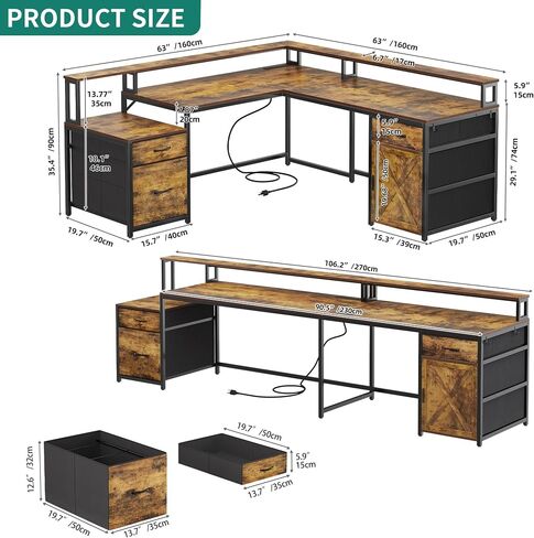 YITAHOME L Shaped Desk, 63" Reversible Computer Desk with 3 Drawers & Power Outlets, Corner Desk with LED Lights & Storage Cabinet, Long Home Office Desk, Rustic Brown in Saudi Arabia