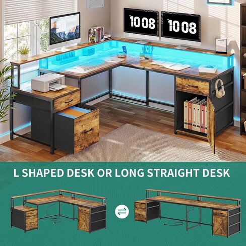 YITAHOME L Shaped Desk, 63" Reversible Computer Desk with 3 Drawers & Power Outlets, Corner Desk with LED Lights & Storage Cabinet, Long Home Office Desk, Rustic Brown in Saudi Arabia