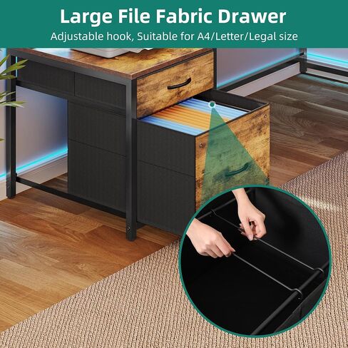YITAHOME L Shaped Desk, 63" Reversible Computer Desk with 3 Drawers & Power Outlets, Corner Desk with LED Lights & Storage Cabinet, Long Home Office Desk, Rustic Brown in Saudi Arabia