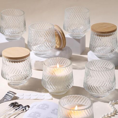 LAMORGIFT 8 Pcs 7 OZ Clear Candle Jars for Making Candles, Ribbed Unique Candle Jars, Glass Jars with Bamboo Lids and Labels for Candle Making Supplies, Container, Gift in Kuwait