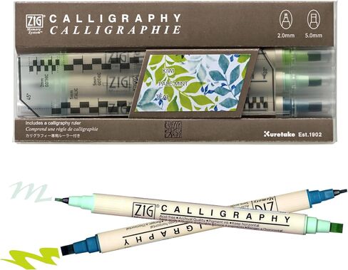Kuretake Zig Calligraphy Dual Tip Marker Pens 3 colors set, BlueGreen, 2mm, 5mm, Double Tip, for Art, Sketch, illustration, Calligraphy, Journal, Drawing, Made in Japan in Saudi Arabia