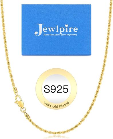 Jewlpire Italian 14K Real Gold Over 925 Sterling Silver Chain Necklace for Women Men, 1.5mm Rope Chain Dainty & Sturdy Women's Chain Necklaces 16 18 20 22 24 26 Inch in Kuwait