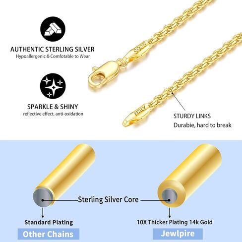 Jewlpire Italian 14K Real Gold Over 925 Sterling Silver Chain Necklace for Women Men, 1.5mm Rope Chain Dainty & Sturdy Women's Chain Necklaces 16 18 20 22 24 26 Inch in Kuwait