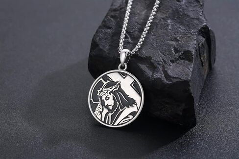 PRAYMOS St Benedict Pendant Necklace for Men Women, 925 Sterling Silver Round Antiqued Religious Protector Talisman Jewelry with Stainless Steel Chain in Saudi Arabia
