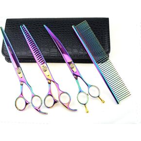 سلسلة Lilys Pet Highlend Japan 440C Stainless Steel Professional Pet Pet Scissors و Rainbow Color و Cutting & Thinning and Twoway Curved Shears (8.0 ")