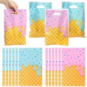 Ice Cream Party Favor Bags - 50Pcs Plastic Sweet Candy Goodie Treat Gift Bag with Handles Cute Summer Ice Cream Theme Birthday Party Supplies Baby Shower Wedding Decor